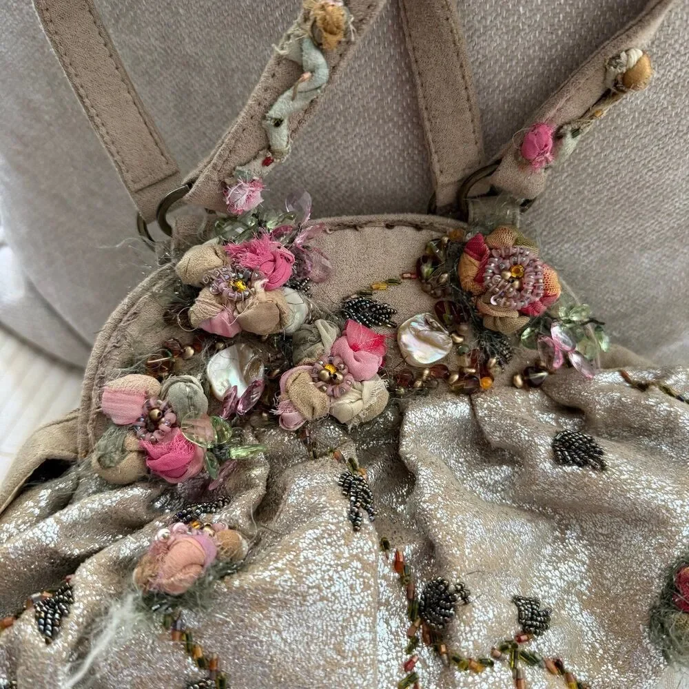 Mary Frances Vintage Embroidered Floral Beaded Handbag Metallic Gold/silver